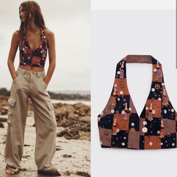ZARA | Boho Halter Embellished Beaded Fringe Vest - Picture 11 of 15